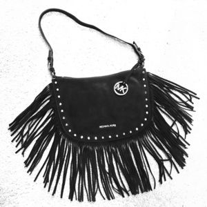 Michael Kors Black Suede Fringe Studs Boho Purse